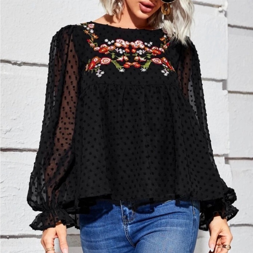 Black Swiss dot floral embroidered mesh blouse - Picture 5 of 9